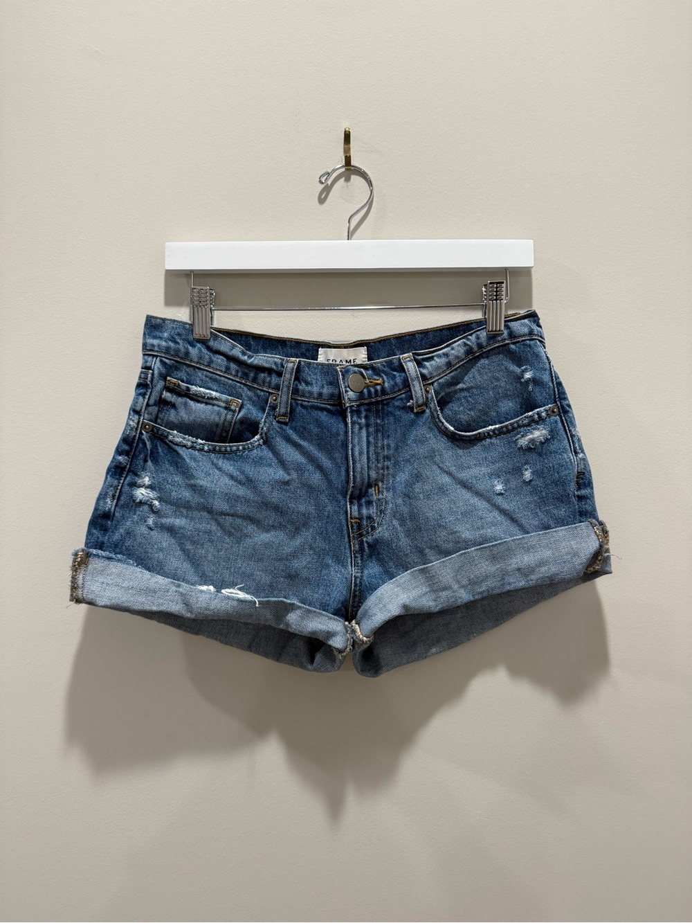 Frame Denim Mid-Blue Rolled Hem Distressed Jean Shorts